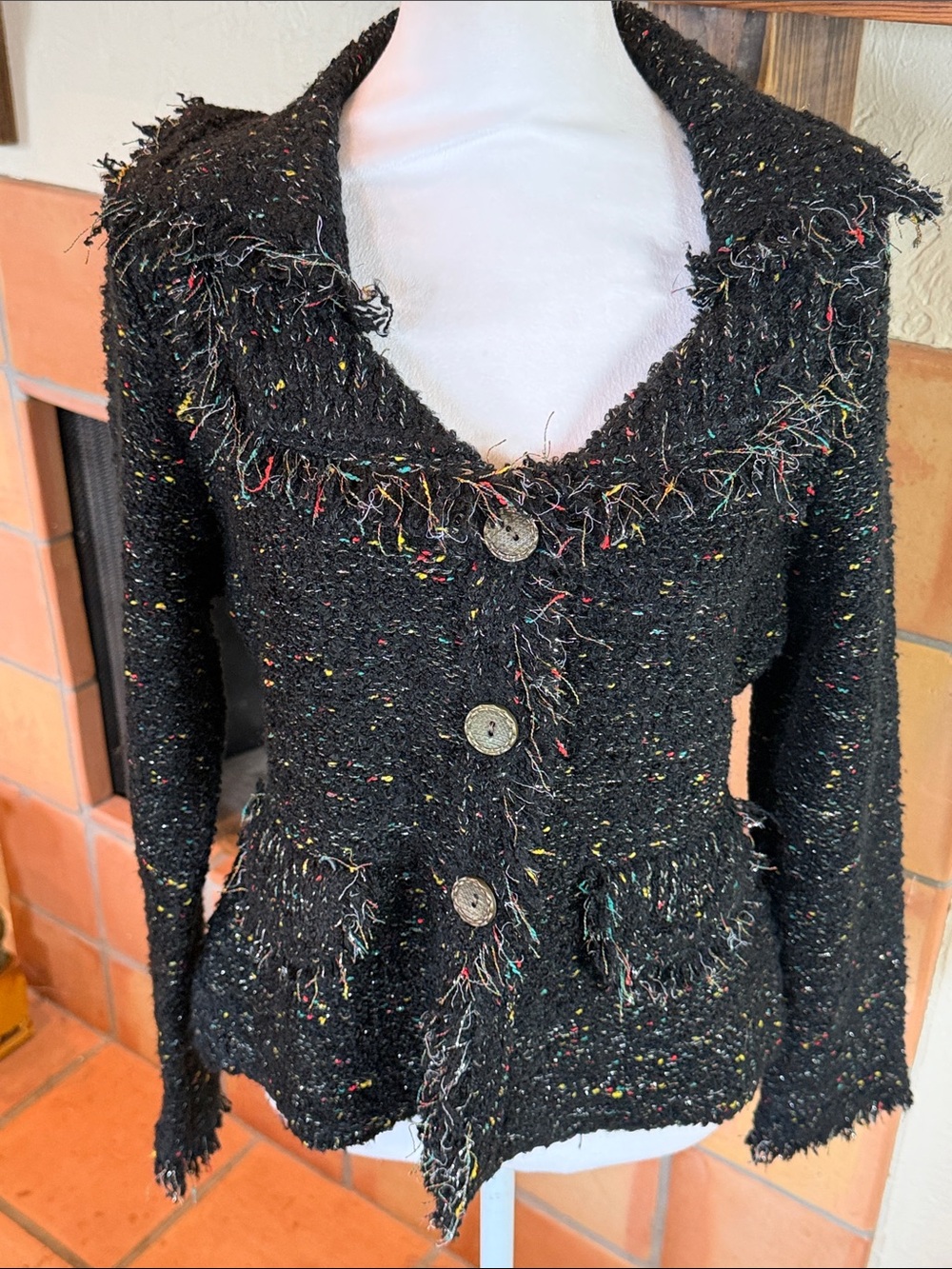 Sioni Speckled Multicolor Knit Fringe Button Cardigan Jacket, size M